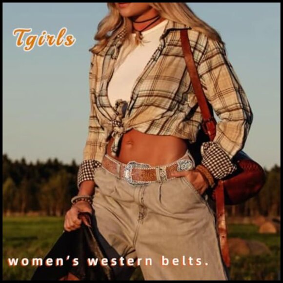 Leather Western Belt with Gold Buckle for Jeans and Pants